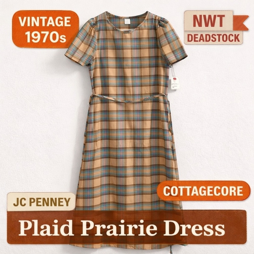 Vintage 70s JCPenney Gibson Lane Plaid Prairie Dress NWT Cottagecore Boho 7/8